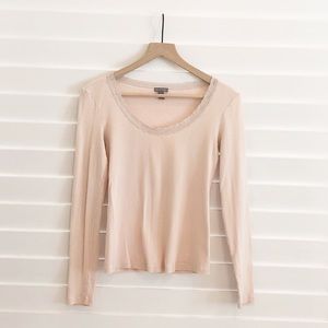 AnnTaylor-100%Cotton Ribbed Long Sleeve-T Blush M
